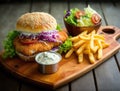 Delicious fish burger with a golden, crispy panko-breaded fish fillet,