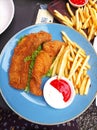 delicious fish and chips with a mixture of mayonnaise and chili sauce