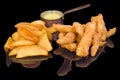 Delicious fish and chips and sauce with reflection Royalty Free Stock Photo