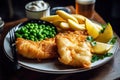 Delicious fish and chips served with green beans, Close up shot.