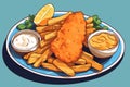 Delicious Fish and Chips: Traditional British Cuisine on a White Plate with Crispy Golden Batter, Tartar Sauce, and Royalty Free Stock Photo
