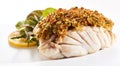 Delicious fish fillet with breadcrumbs on white background