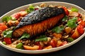 Delicious fish served with vegetable salad, seafood restaurant cuisine, healthy dish, ai generative