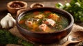 Delicious fish soup with salmon and dill in a rustic bowl Royalty Free Stock Photo