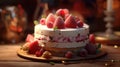 Delicious five layer cake topped with fresh strawberries. Sweets, desserts