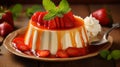 Delicious Flan Dessert With Whipped Cream And Fresh Strawberries