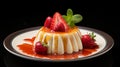 Delicious Flan With Whipped Cream And Sliced Strawberries