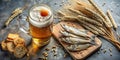 A Delicious Flatlay of Crispy Beer Snacks Salted Fish Crackers and Light Beer Perfect for a Relaxed Evening Royalty Free Stock Photo