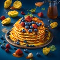 Delicious fluffy pancake in frying pan, fresh fruits and honey toppings in 3D illustration generated by Ai