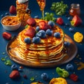 Delicious fluffy pancake in frying pan, fresh fruits and honey toppings in 3D illustration generated by Ai