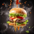 Delicious flying burger on black background with clouds of smoke. Food levitation. Juicy cheeseburger or hamburger flying in the Royalty Free Stock Photo