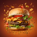 Delicious flying burger on brown background. Food levitation. Juicy cheeseburger or hamburger flying in the air. Fastfood Royalty Free Stock Photo