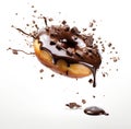 Delicious flying donut frosted with chocolate and sprinkled with chunks. Created with generative AI