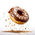 Delicious flying donut frosted with chocolate and sprinkled with cookie crumbles. Created with generative AI