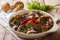 Delicious food: beef stew with wild mushrooms in spicy sauce close-up in a bowl. horizontal Royalty Free Stock Photo