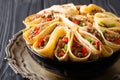 Delicious food: crepes stuffed beef, peppers and onions closeup. Royalty Free Stock Photo