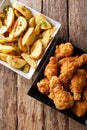 Delicious food: deep-fried chicken wings in breadcrumbs and potato close-up. Vertical top view Royalty Free Stock Photo