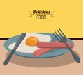 Delicious food fried egg sausage and fork knife dish Royalty Free Stock Photo