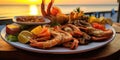 Delicious Food Platter at Beachside Restaurant - Mouthwatering Feast - Soft Sunset Glow - Culinary Delight