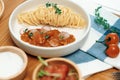 Delicious food's spaghetti minced meat top tomato decorative spices. Postulate. Royalty Free Stock Photo