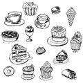 Delicious food sweets drinks badges with sweets from black outline