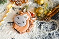 Delicious fragrant gingerbread in the form of a bull, a symbol of the new year. Cinnamon sticks, Christmas golden balls for the Royalty Free Stock Photo