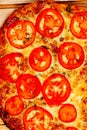 Delicious fragrant hot pizza with tomatoes and mozzarella cheese on a cutting board