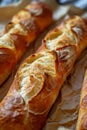 Delicious french baguettes on rustic paper, epitomizing a traditional breakfast scene