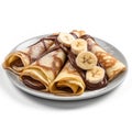 Delicious French Crepes with Nutella and Bananas on a Plate.