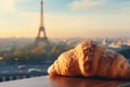 Delicious french croissant with Eiffel Tower in blur in Paris view, romantic parisian pastry delight