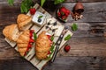 Delicious french croissant sandwiches layered with fresh ripe strawberries and whipped cream cheese. banner menu recipe place for Royalty Free Stock Photo