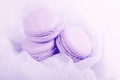 Delicious french dessert. Three gentle pastel soft lilac cakes macaron or macaroon on a gentle airy fabric