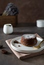 Delicious french fondant with hot chocolate centre on the plate. Lava cake recipe, menu. Side view