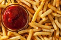 Delicious french fries and ketchup - top view