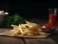 Delicious French Fries with Mayonnaise Ketchup and Parsley for Garnish