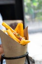 Delicious french fries topping with cheddar cheese cream and crispy bacon on close up side view Royalty Free Stock Photo