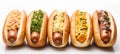 Delicious french hot dogs with assorted sauces on white background perfect for text placement Royalty Free Stock Photo