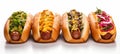 Delicious french hot dogs with various sauces, isolated on white background for text placement Royalty Free Stock Photo