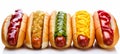 Delicious french hot dogs with various sauces on white background perfect for text placement Royalty Free Stock Photo