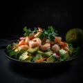 Delicious fresh appetizing salad of avocado with shrimp, healthy healthy food, close-up, isolated