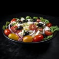 Delicious fresh appetizing salad of cheese, tomatoes and black olives, Greek salad, close-up,