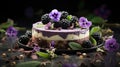 Delicious fresh blackberry cake with cream cheese on a dark background