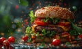 Delicious fresh burger with meat tomatoes cheese and lettuce. Burger ingredients tomatoes and sauce on dark background. Royalty Free Stock Photo