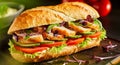 Delicious fresh chicken baguette with salad