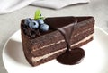 Delicious fresh chocolate cake with blueberries on table, closeup Royalty Free Stock Photo