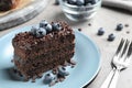 Delicious fresh chocolate cake with blueberries on light table, closeup Royalty Free Stock Photo