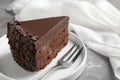 Delicious fresh chocolate cake served on grey table Royalty Free Stock Photo