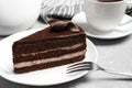 Delicious fresh chocolate cake served on table Royalty Free Stock Photo