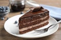 Delicious fresh chocolate cake served on table Royalty Free Stock Photo