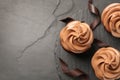 Delicious fresh chocolate cupcakes on black slate table, top view. Space for text Royalty Free Stock Photo